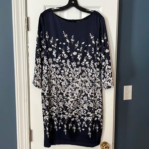 St. John navy and silver grey floral silk dress